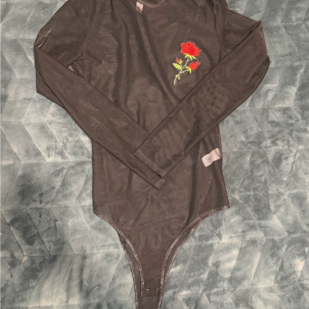 Black Long Sleeve Mesh Bodysuit with Red Rose Embroidery